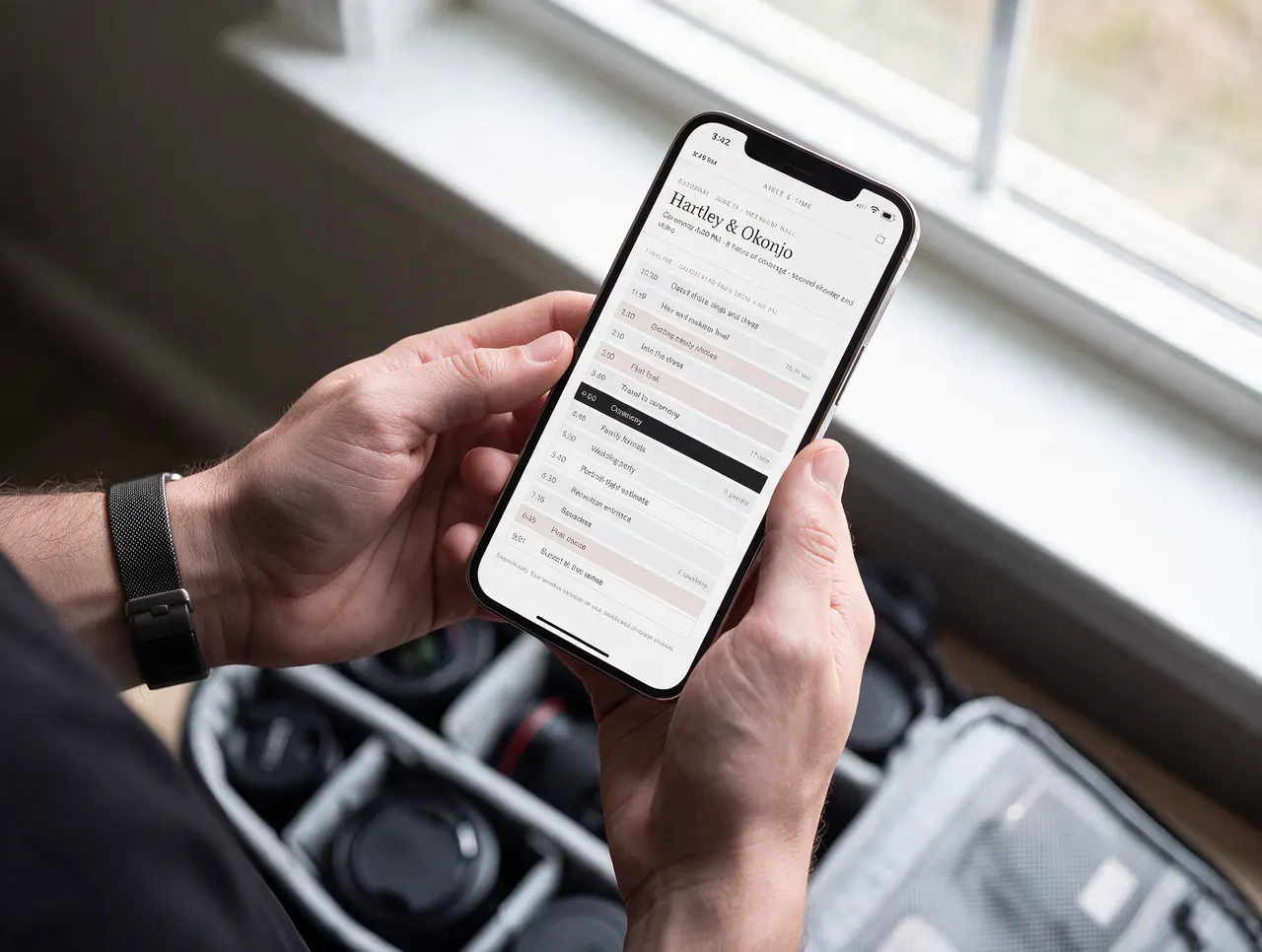 Hands holding a phone showing the shot list, over an open camera bag.