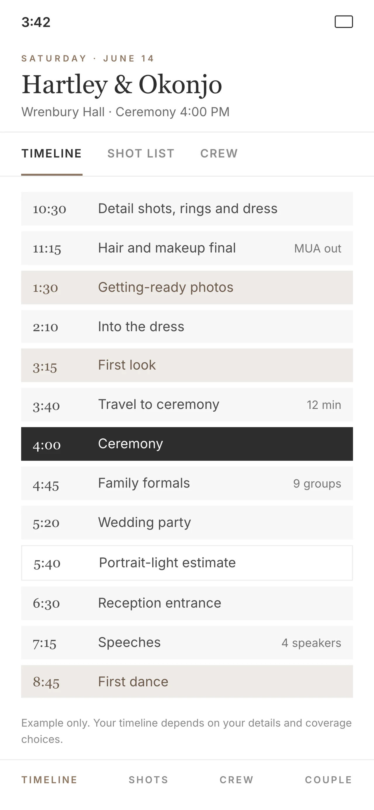 Phone screenshot of the Hartley and Okonjo coverage timeline, from detail shots through the first dance.