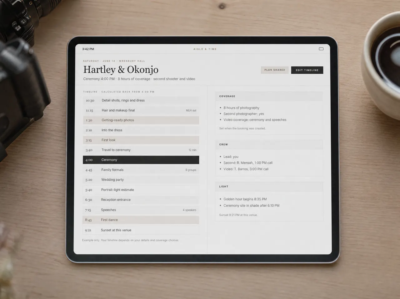 A tablet lying on a desk beside a cup of coffee, showing the coverage timeline.