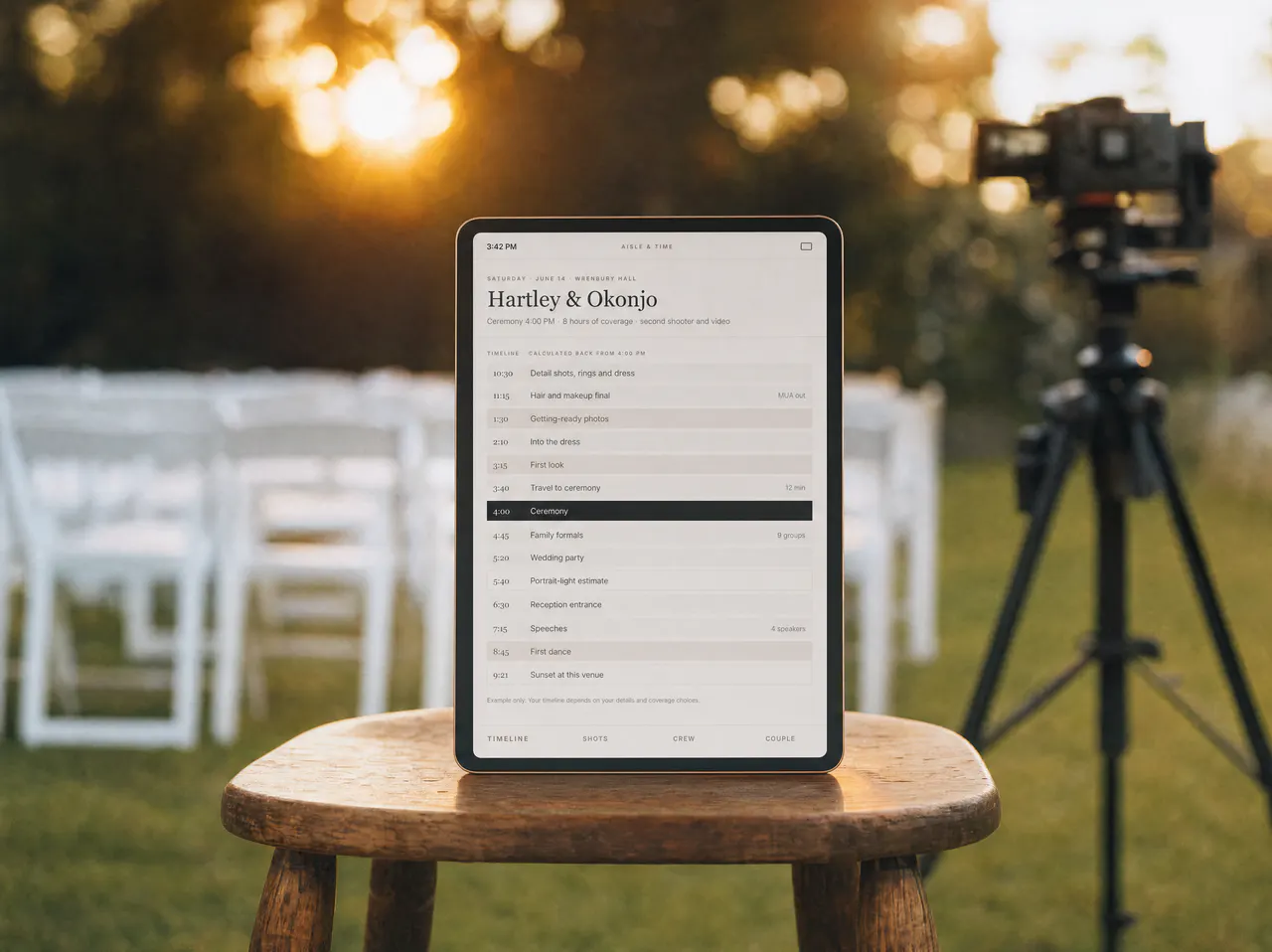 A tablet on a stool in front of ceremony chairs, showing the coverage timeline.